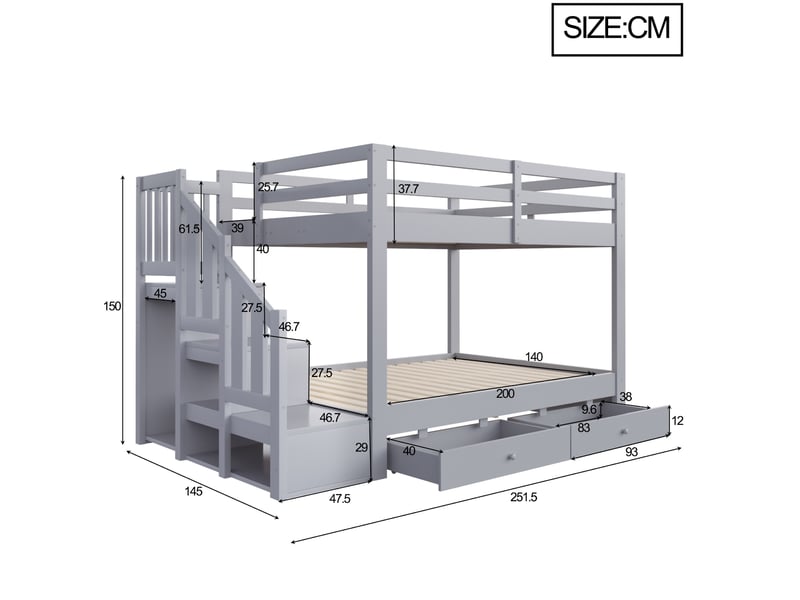  Lit superposé modenvie 140 x 200 cm gris avec escalier de rangement et 2 tiroirs  - Conforama C