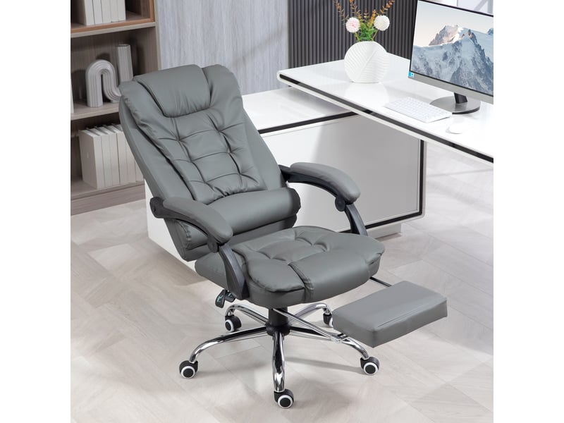  Fauteuil de bureau ergonomique avec inclinaison à 145° et repose-pieds escamotable, en similicuir gris.  - Conforama D