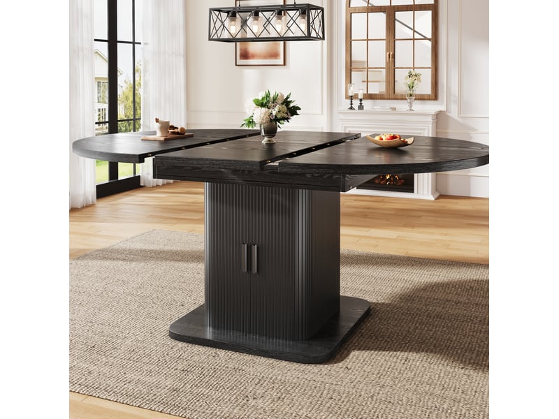 Table à manger extensible 110x110x75 cm, panneau de fibres et cadre métal noir, avec rangement, portes coulissantes et étagère amovible - Conforama E