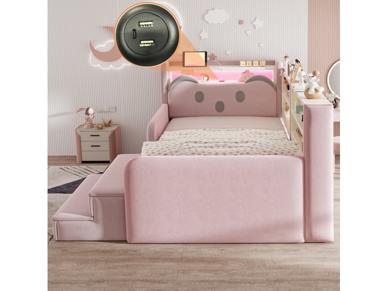  Lit enfant 90x200 cm avec rangements, éclairage led et prises usb, rose, sans matelas  - Conforama D