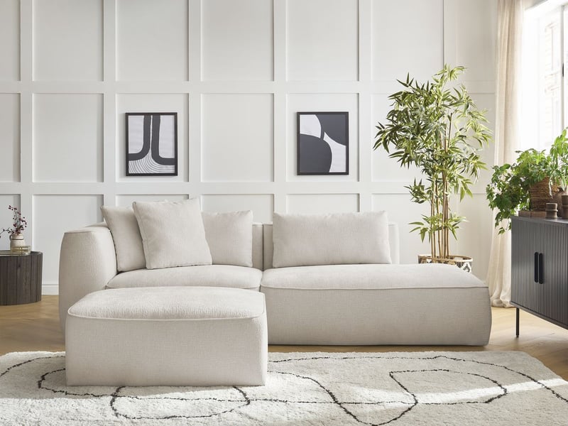  Bobochic canapé droit fixe 3 places leopold tissu texturé avec pouf beige  accoudoir gauche LEOPOLD - Conforama D