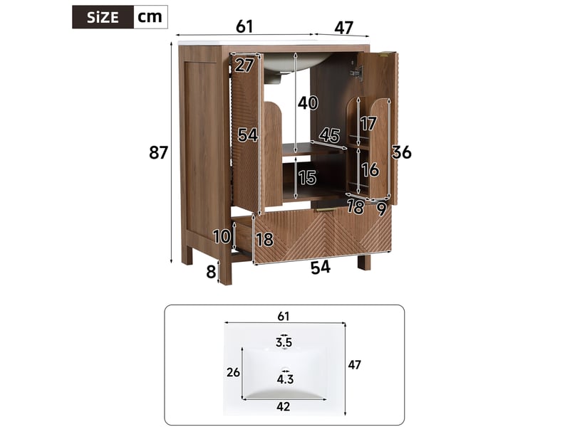  Meuble sous vasque sur pied 61 x 47 cm – noyer – vasque céramique, rangement avec tiroir et portes soft-close  - Conforama C