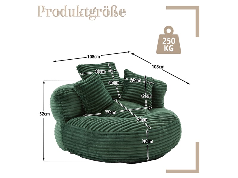  Fauteuil 108x108x52 cm, avec 3 coussins, revêtement en velours côtelé vert émeraude, dossier haut enveloppant, sans montage  - Conforama C