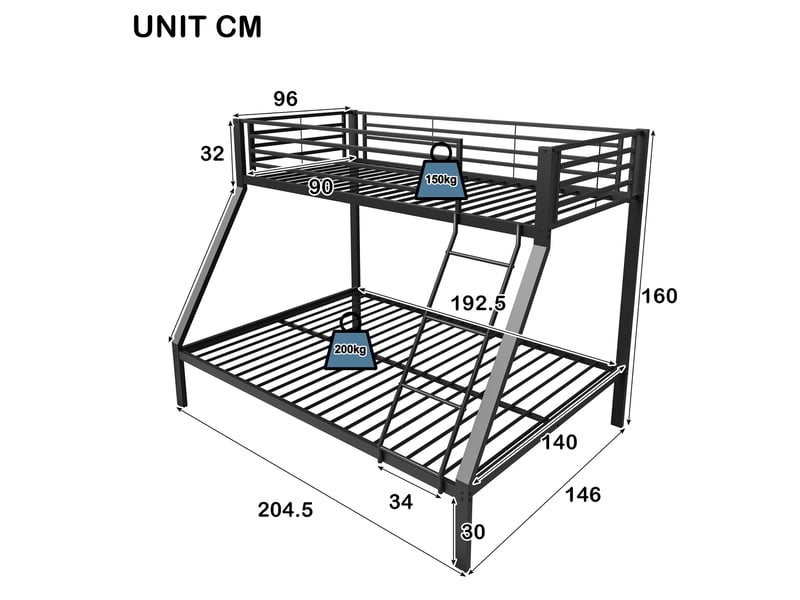  Lit superposé 90 × 200 cm et 140 × 200 cm 3 places, avec échelle réversible et barrières, sans matelas, noir  - Conforama D