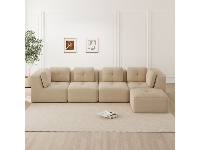 Canapé d’angle modulable 4 places en velours côtelé beige - 386 x 177 x 69 cm - Conforama B