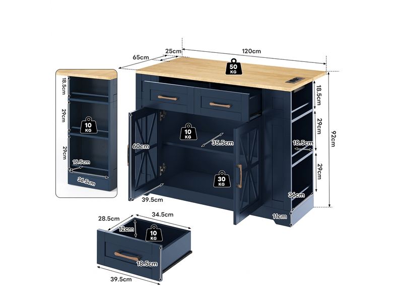  Îlot de cuisine avec table pliante, prises électriques, 120cm  - Conforama E