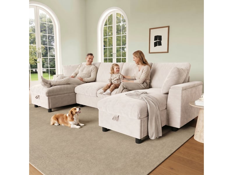  Canapé en u beige 4 places en chenille avec deux méridiennes, coffre de rangement et ports usb et usb-c, 279 x 135 x 84 cm  - Conforama B