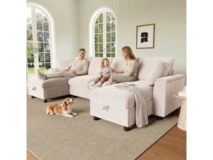 Canapé en u beige 4 places en chenille avec deux méridiennes, coffre de rangement et ports usb et usb-c, 279 x 135 x 84 cm