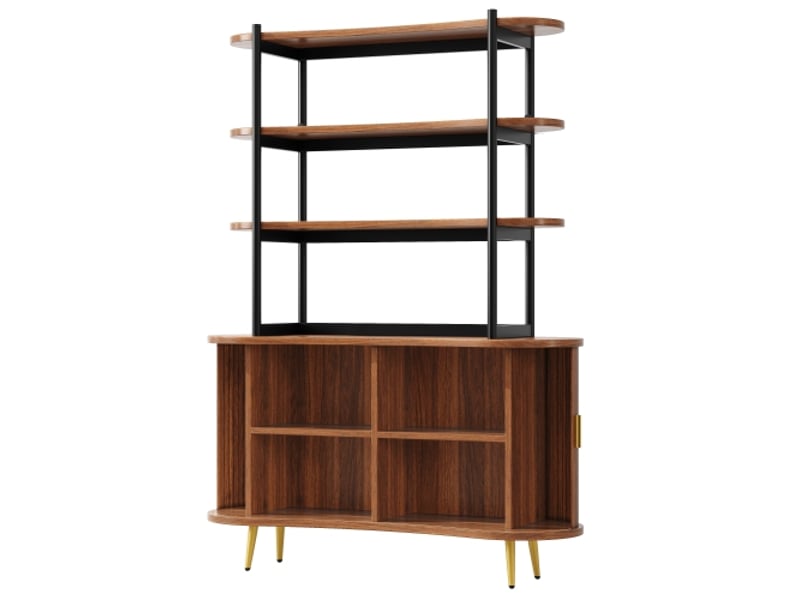  Buffet 4 niveaux avec portes coulissantes, armoire moderne à rainures verticales et pieds dorés – rangement brun foncé  - Conforama A
