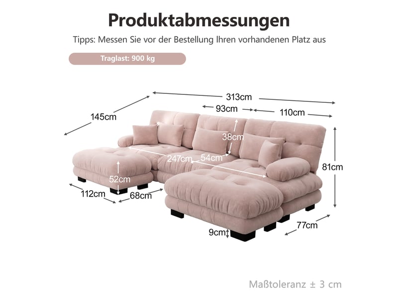  Canapé d'angle modulable 3 places en tissu rose, ottomans mobiles, convertible au confort enveloppant pour votre salon  - Conforama C