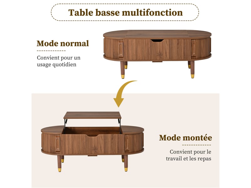  Table basse ovale relevable avec rangement, mdf, 110 x 48 cm, couleur noyer  - Conforama R