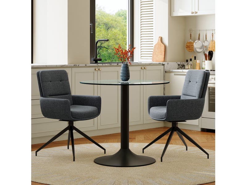  Set de table à manger rond avec chaise à rotin : table en verre trempé élégant noir métal + 2 chaises gris foncé pour 2 personnes  - Conforama B