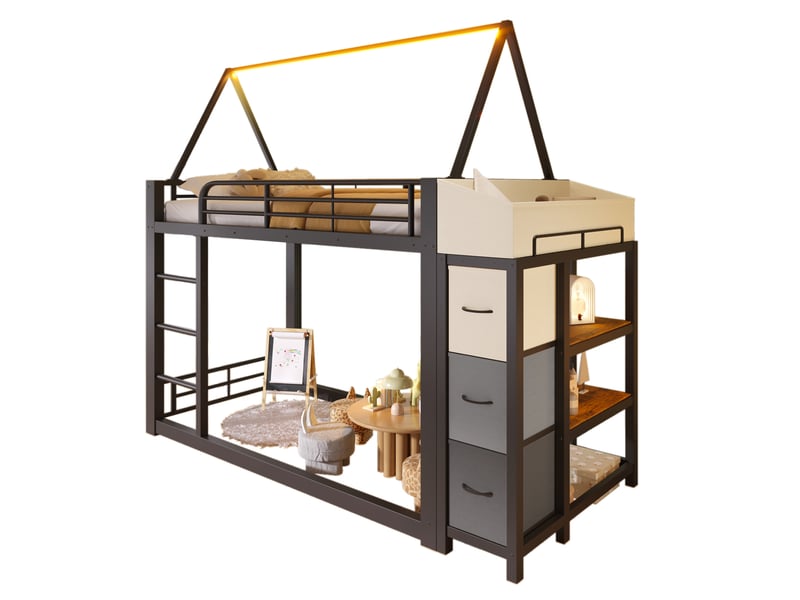  Lit mezzanine cabane 90 x 200 cm avec étagères ouvertes, tiroirs en tissu et led multicolore, structure en mdf et métal noir, sans matelas  - Conforama W