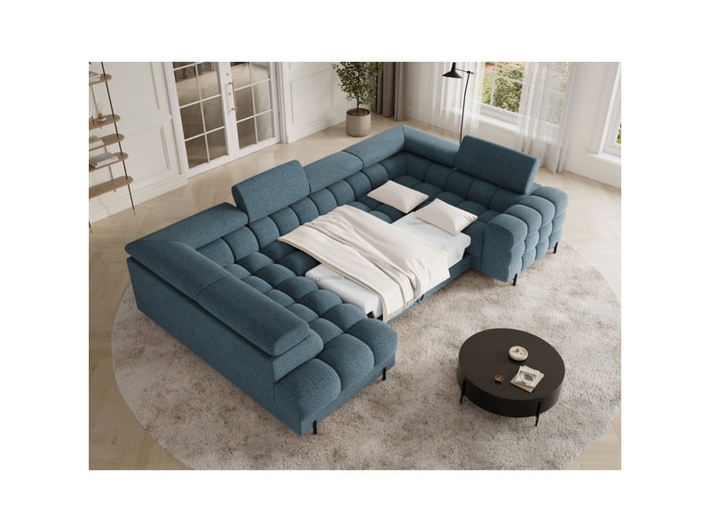  Canapé panoramique convertible factory 3 places bleu chiné – angle gauche avec coffre  - Conforama B