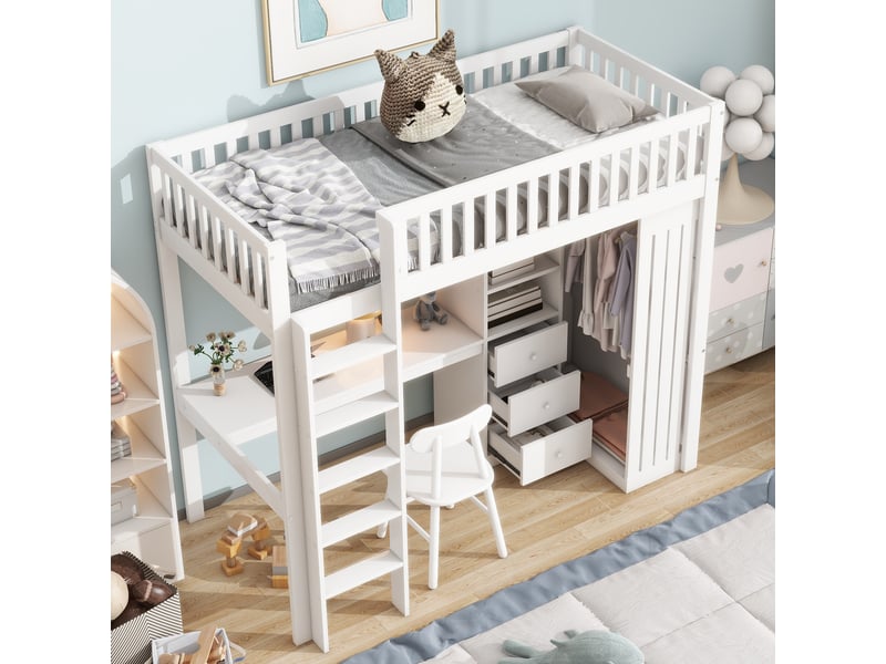  Lit mezzanine 90*200cm sans matelas, pin et mdf, bureau, armoire, 3 tiroirs, échelle, blanc  - Conforama E