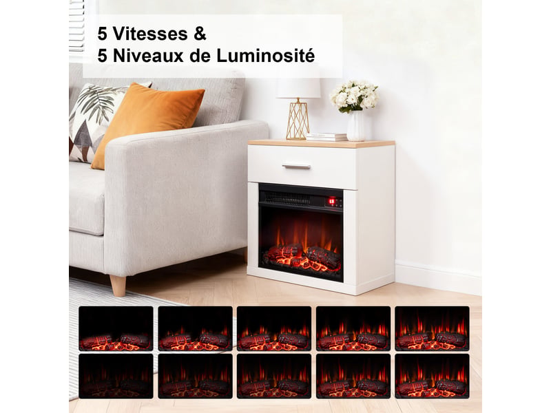  Homavo 14'' cheminée électrique, 1000w, flamme 3d, télécommande, minuterie, sécutité surchauffe, table de chevet incluse  - Conforama D