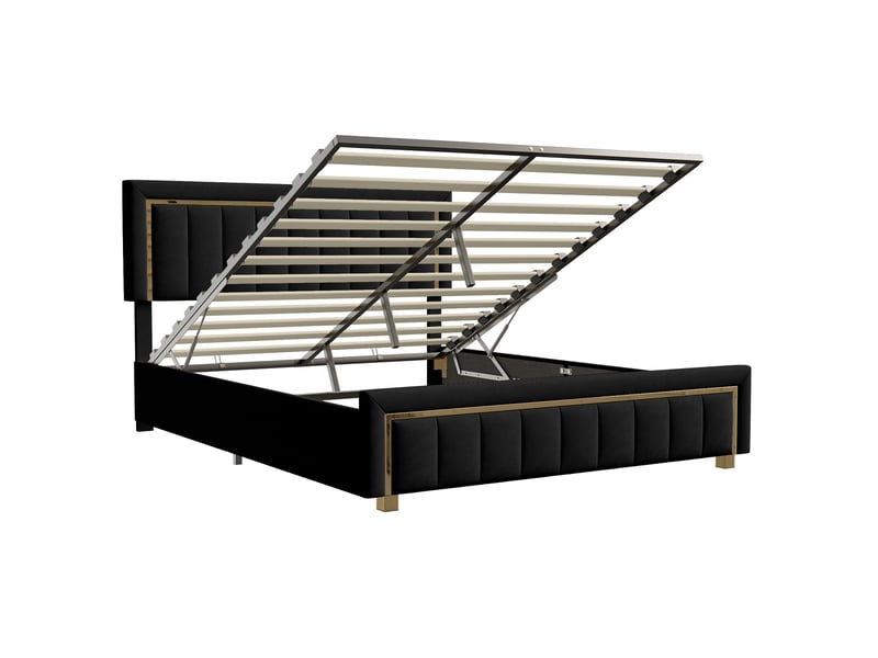  Lit coffre 140x200cm - lit double 140x200 rembourré avec tête de lit en velours, bordures dorées, style moderne chic - noir  - Conforama A