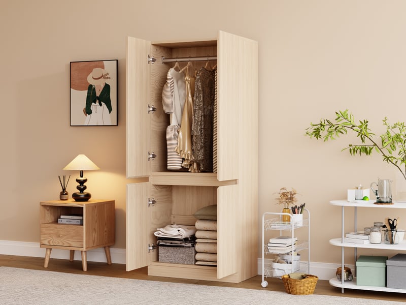 Armoire de chambre à double porte avec grands espaces de rangement, 70x40x170 cm, en bois et mdf, couleur bois - Conforama R
