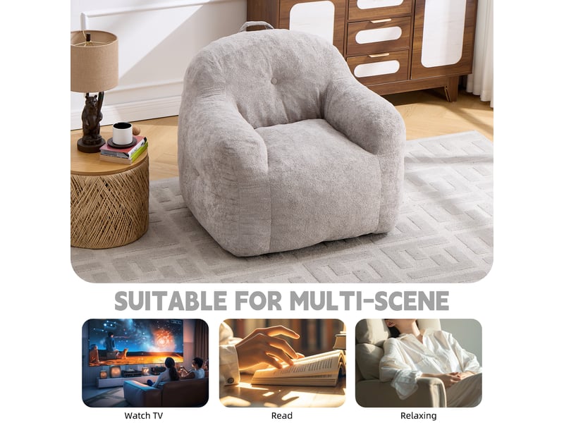  Pouf en fausse fourrure avec accoudoirs, sans assemblage, salon chambre lecture, gris clair  - Conforama D