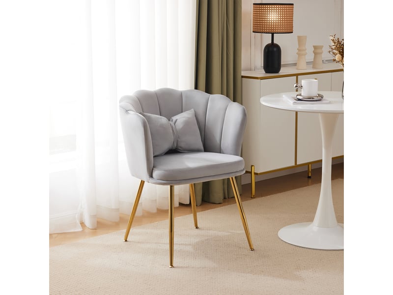  Fauteuil en velours avec dossier en pétale, coussin papillon et pieds métalliques dorés, gris  - Conforama B