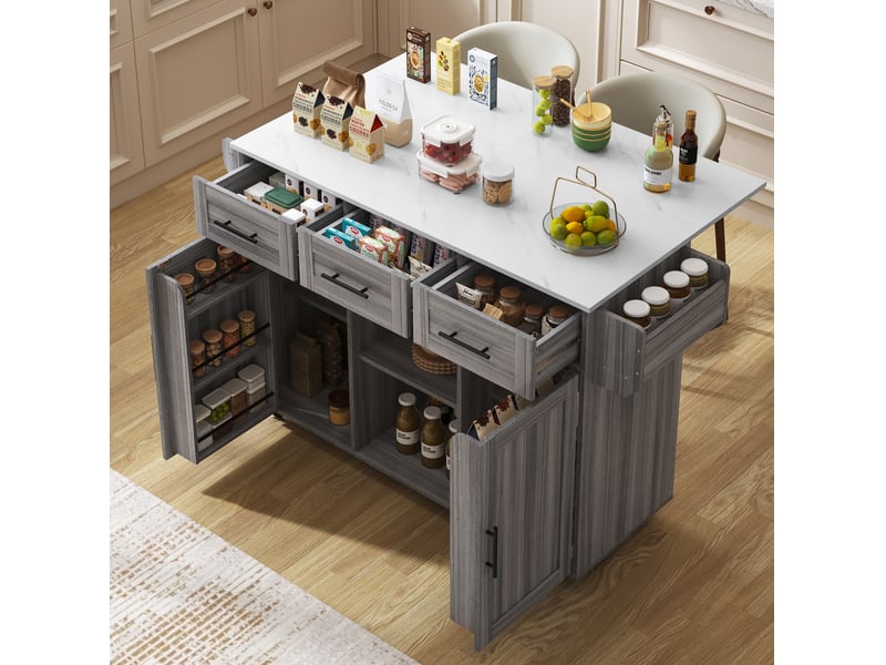 Îlot de cuisine sur roulettes avec plateau rabattable, gris et effet marbre blanc - Conforama C