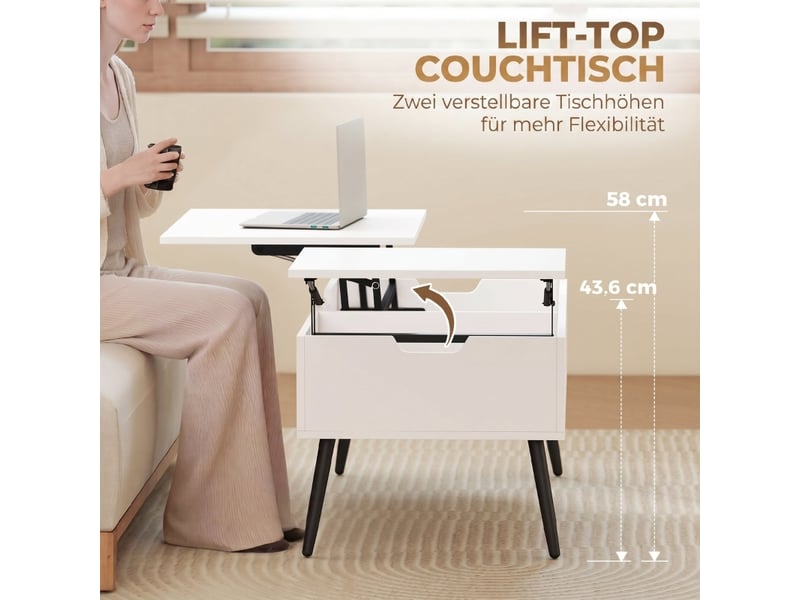  Table basse relevable blanche 100 cm - rangement caché - 100x50 cm - salon  - Conforama E