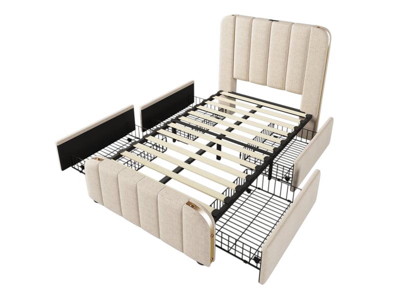  Lit enfant 90x200 cm – beige – 4 tiroirs, ports usb et type-c, matelas h3 à 7 zones inclus  - Conforama D