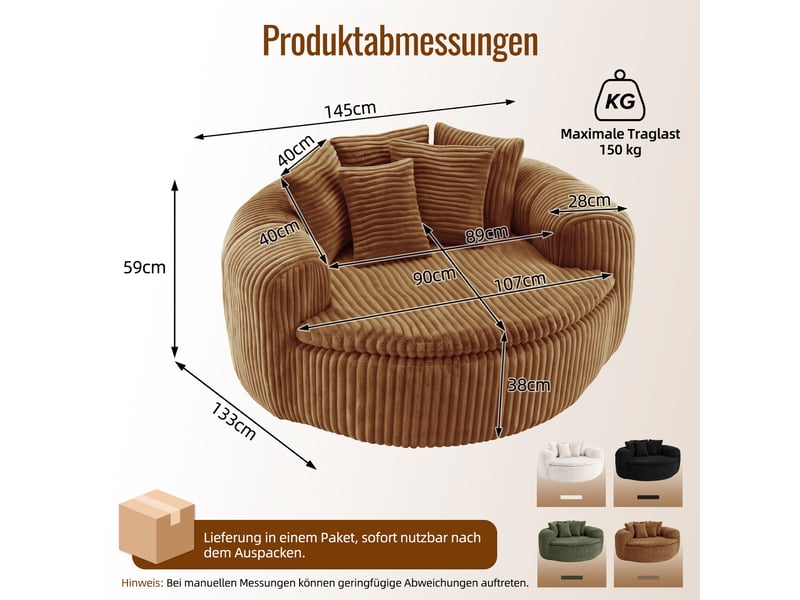 Canapé pouf lounge 1 place, assise profonde rembourrée, accoudoirs enveloppants, 5 coussins, velours côtelé camel, 145 x 133 x 59 cm - Conforama E