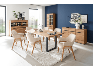 Table à manger avec bord droit coloris chêne massif naturel et pieds en métal noir - longueur 220 x profondeur 100 x hauteur 76 cm