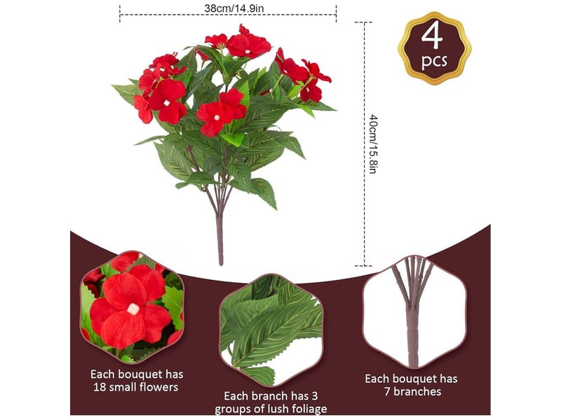  Impatiens artificielles extérieures – rouge, résistantes aux uv, plantes en soie pour jardin et terrasse  - Conforama D