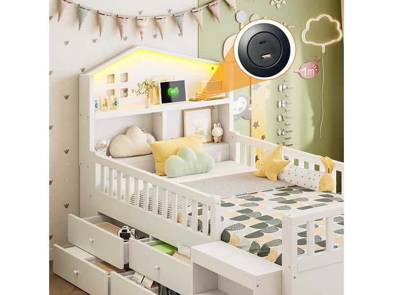 Lit enfant 90x200 cm blanc en bois massif avec 4 tiroirs, marche, led, usb et type-c - Conforama E