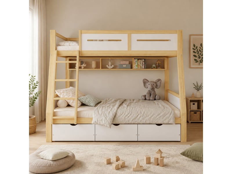  Lit superposé 90x200 cm + 120x200 cm 3 tiroirs, pin mdf contreplaqué blanc et coloris naturel  - Conforama C
