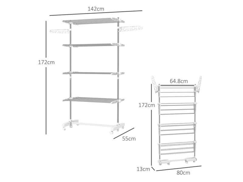  Étendoir à linge mobile 142 x 55 x 172 cm – blanc – pliable, sur roulettes, avec verrouillage  - Conforama C