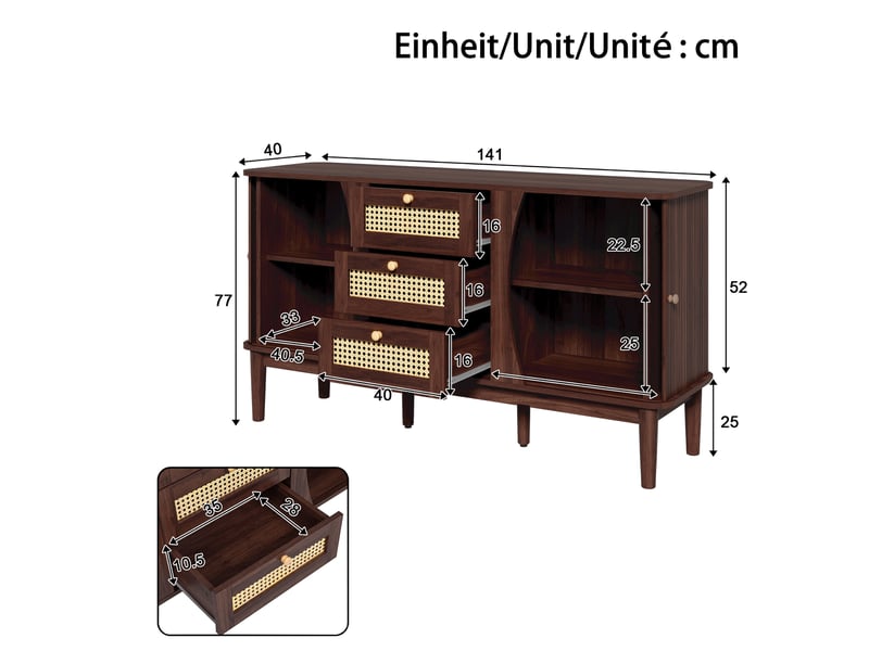 Buffet bas 141x40x77 cm en bois avec 3 tiroirs cannage rotin, portes coulissantes et étagères de rangement, meuble buffet avec pieds bois - noyer - Conforama C
