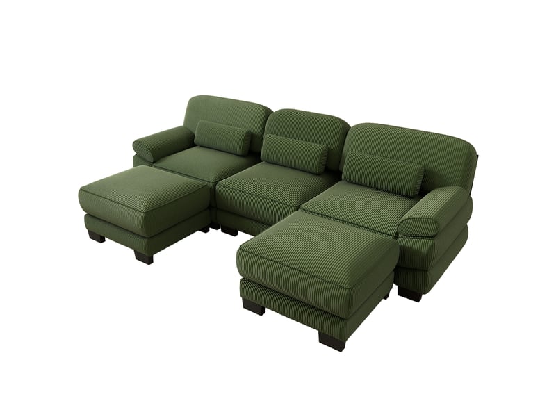 Canapé panoramique modulable 265 cm 3 places avec 2 poufs, design carré épuré, base et accoudoirs à matelassage en canaux, velours côtelé, vert - Conforama A