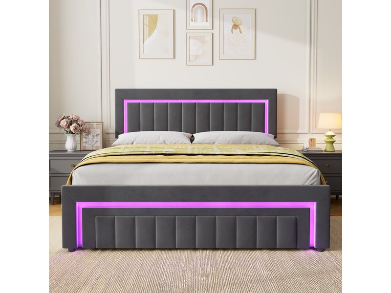Lit double 160x200 cm avec tiroirs, led et tête de lit rembourrée gris foncé homvra - Conforama C