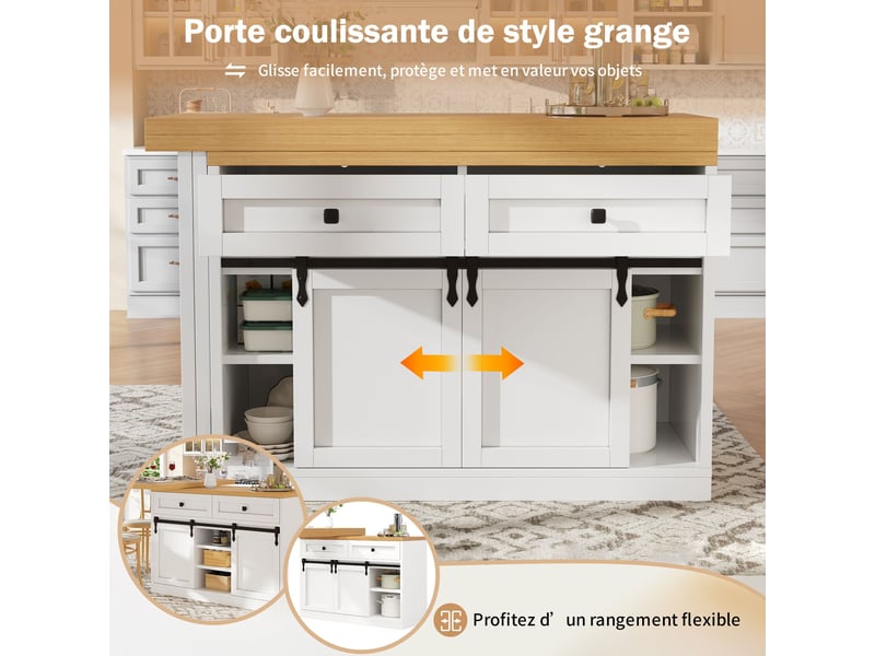  Îlot de cuisine extensible blanc,2 tiroirs et étagères réglables,table à manger rotation 360°,en mdf et métal,120-197x40x72cm  - Conforama C
