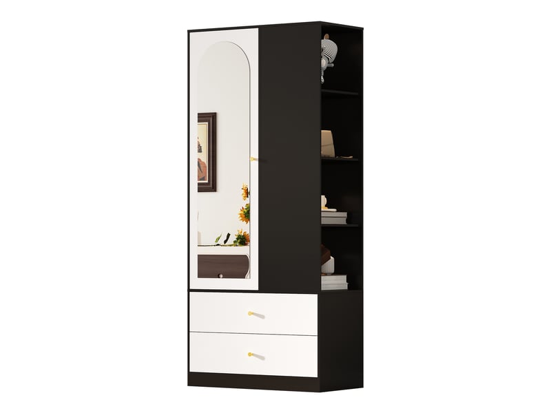  Armoire penderie avec miroir - 80x40x180cm - 1 porte, 2 tiroirs &amp; 4 étagères - charnières soft-close - noir &amp; blanc  - Conforama A