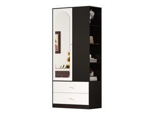 Armoire penderie avec miroir - 80x40x180cm - 1 porte, 2 tiroirs & 4 étagères - charnières soft-close - noir & blanc