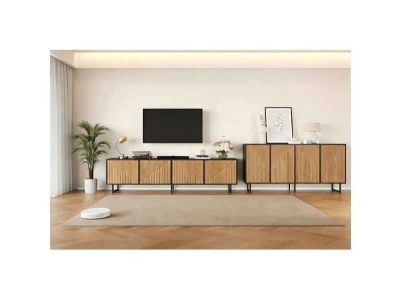  Ensemble de meuble tv et buffet naturel 180x40x50 cm et 160x40x75 cm, 4 portes, accents noirs  - Conforama D