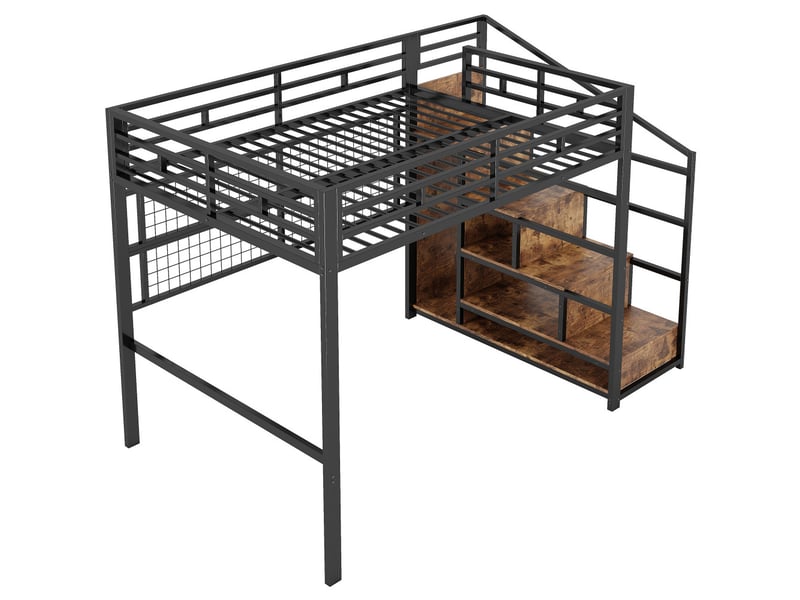  Lit mezzanine, 140 x 200 cm, structure en fer, penderie, échelle de rangement, tringle, espace de rangement sous le lit, éclairage led 7 couleurs, matelas non inclus, noir  - Conforama E