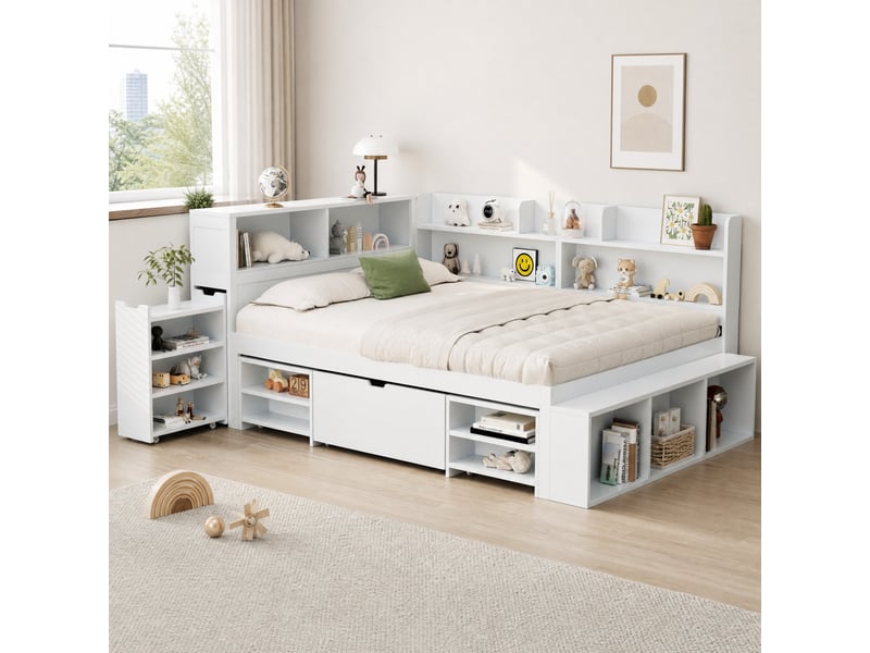 Lit enfant 140x200 cm avec tiroir, bibliothèques et rangements, blanc - Conforama C