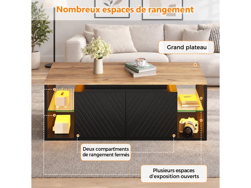  Table basse led 100 x 50 x 41 cm noire, 2 portes, rangement semi-ouvert, panneaux de particules, charge 30 kg  - Conforama D