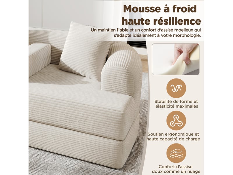  Canapé lounge 2 places modenvie convertible en espace détente en velours côtelé beige clair, accoudoir central amovible avec porte-gobelet, 184 x 176 x 47 cm  - Conforama E