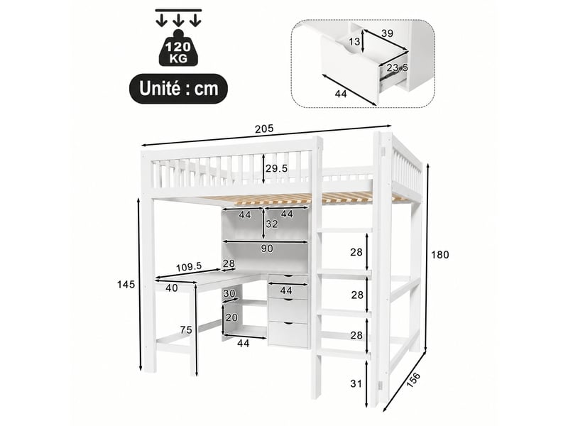 Lit mezzanine 140x200 cm avec bureau, 3 tiroirs et étagères, en pin massif et mdf, blanc pour chambre enfant - Conforama C