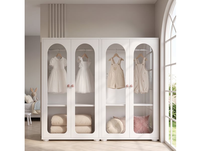  Lot de 2 armoires enfant 160x50x120 cm, portes arrondies, rangements réglables, mdf acrylique blanc  - Conforama D