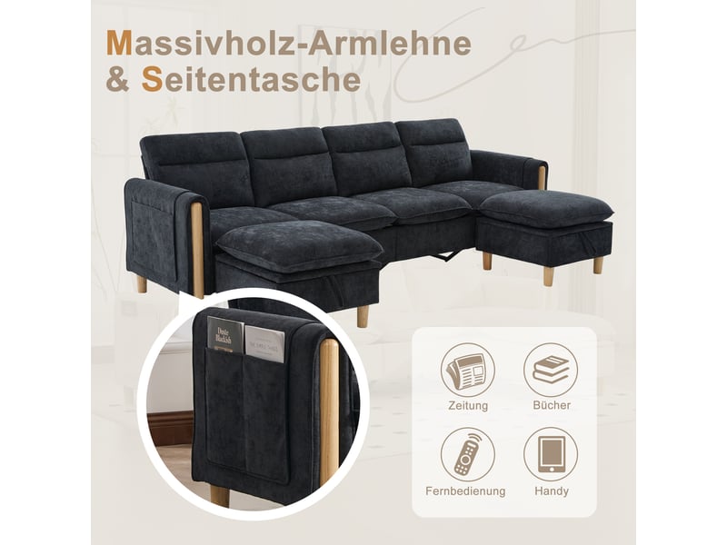  Grand canapé en u avec 2 poufs à rangement, modulable 4 places, pieds en bois, chenille noir  - Conforama E