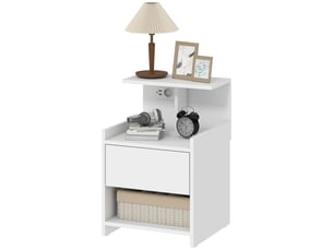 Table de chevet avec station de charge, ports usb, tiroir et étagères, table de nuit 40 x 40 x 60 cm blanche