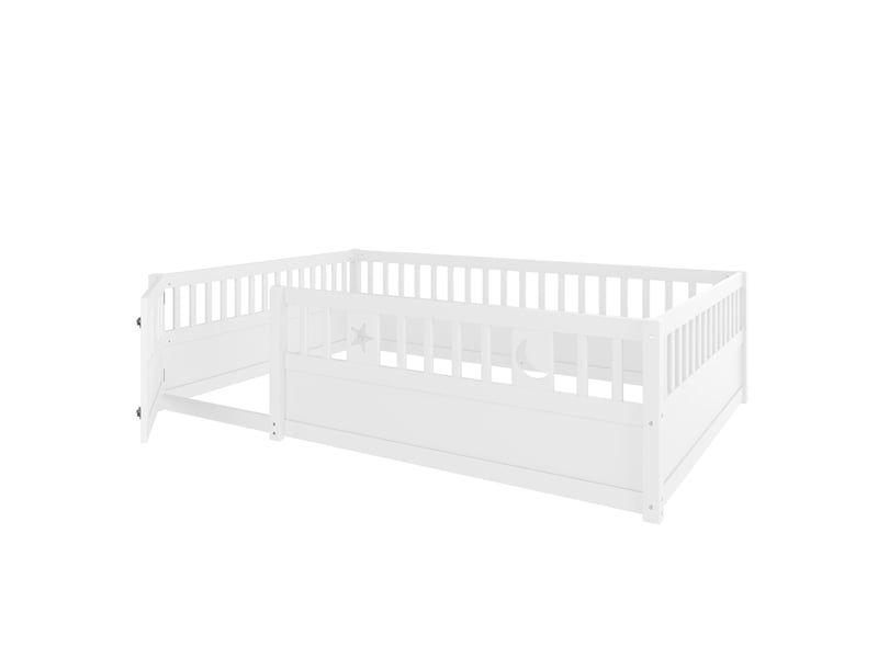  Lit enfant à barrières 140x190 cm en pin blanc avec décor étoiles et lune  - Conforama R