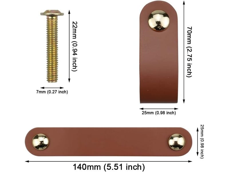  Set de 8 tirateurs en cuir marron vintage de 14 cm, poignées pour tiroirs, commodes et meubles avec vis  - Conforama E
